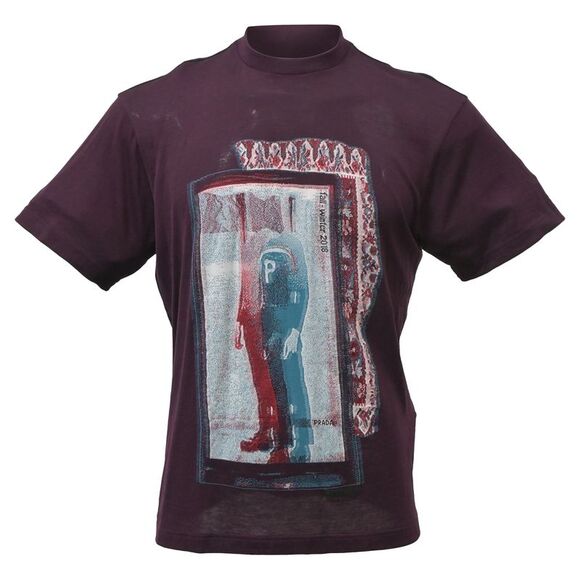 Prada Graphic Print Round Neck T-Shirt in Burgundy Cotton